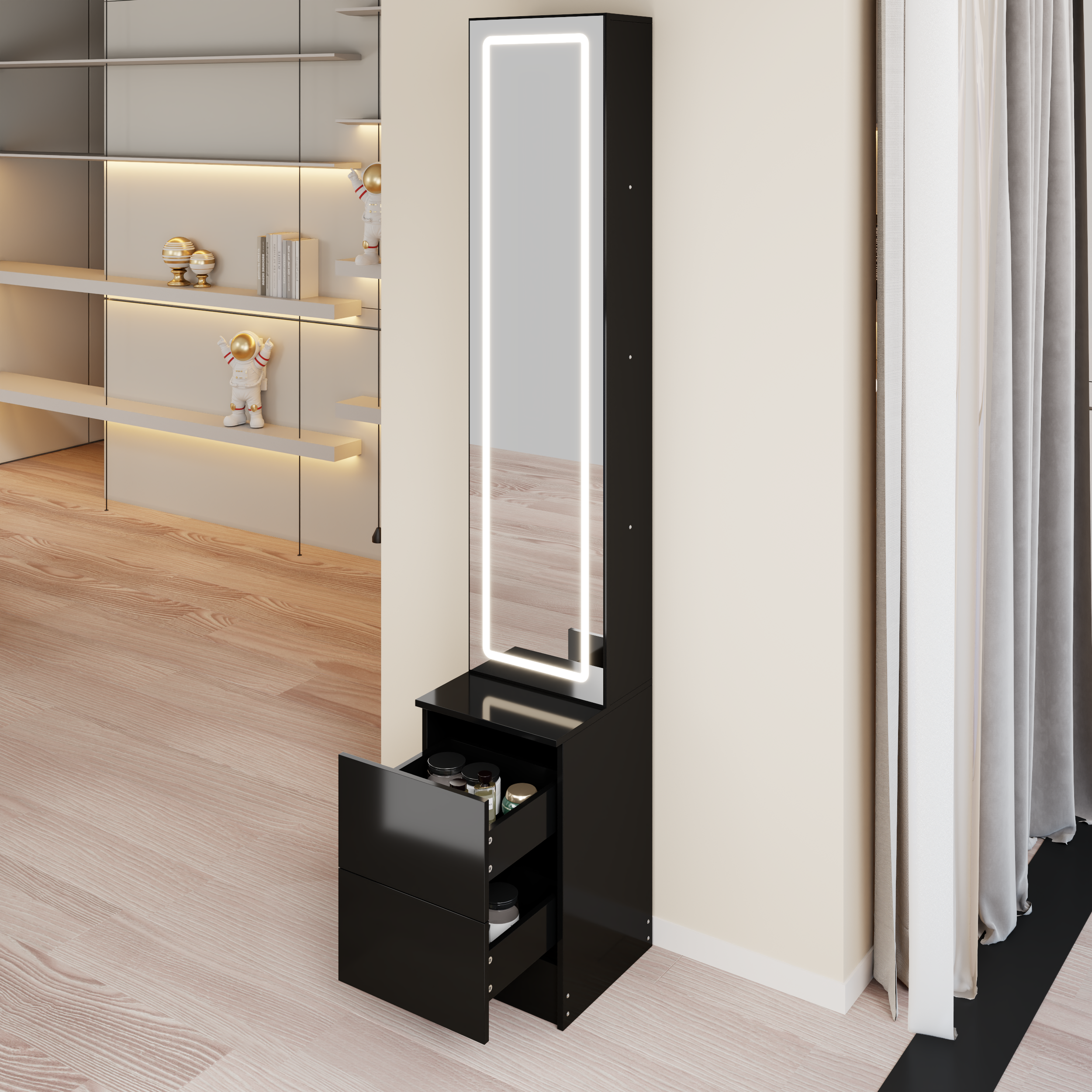 Length 11,8" x Width 15,7" x Height 63" LED Dressing Mirror Cabinet,Cosmetic Organizer Cabinet, Jewelry Cabinet, 3 colors, Adjustable Brightness, Extra Large Mirror, Multi Layer High Capacity Storage