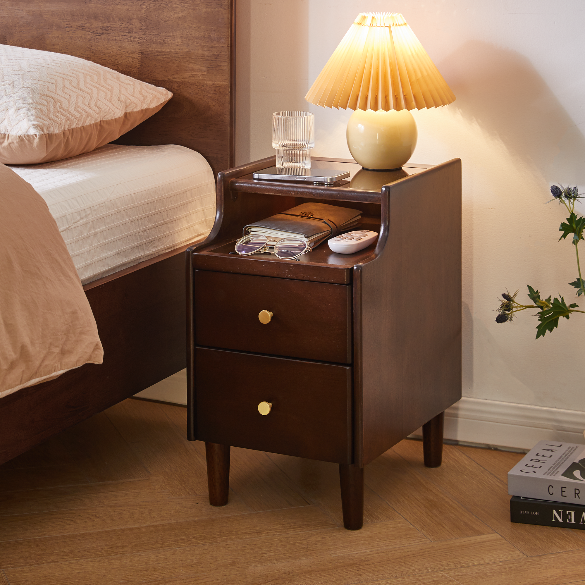 Solid Wood Nightstand with Two Drawers and Pull-out Panel Storage Bedside Table and Sofa Side Table